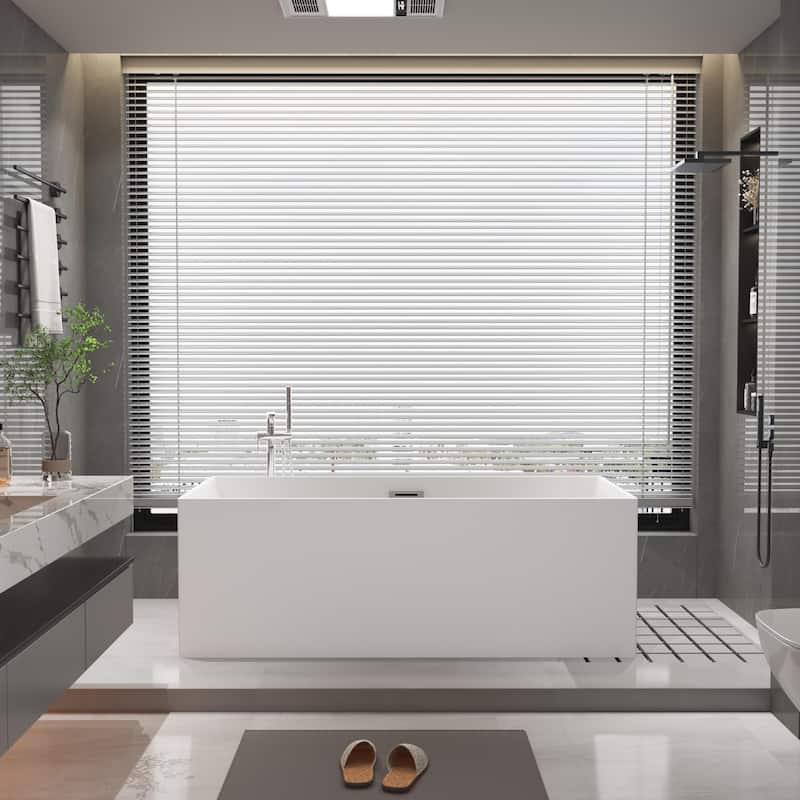 CB HOME 55"/59" White Freestanding Bathtub, Black Acrylic Soaking Tubs, Rectangular Stand Alone Tub in Three Sides Back to Wall - 55''X28''X22'' - White