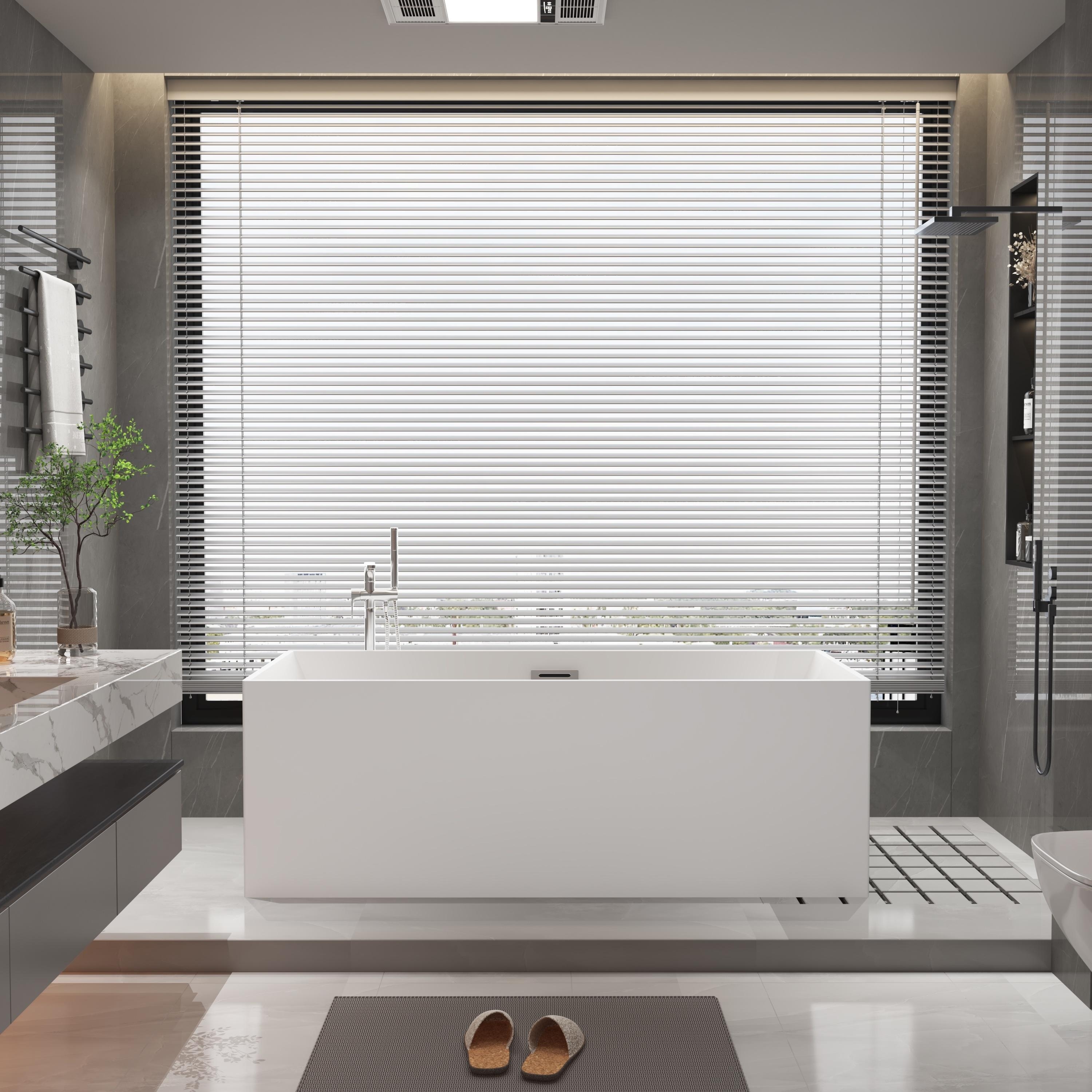 CB HOME 55" White Freestanding Bathtub, Black Acrylic Soaking Tubs, Rectangular Stand Alone in Three Sides Back to Wall