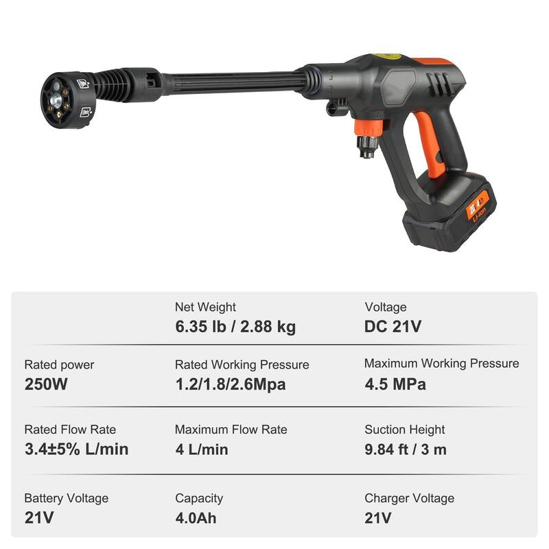 Black Cordless Pressure Washer 21V with 6-in-1 Nozzle and Foam Pot