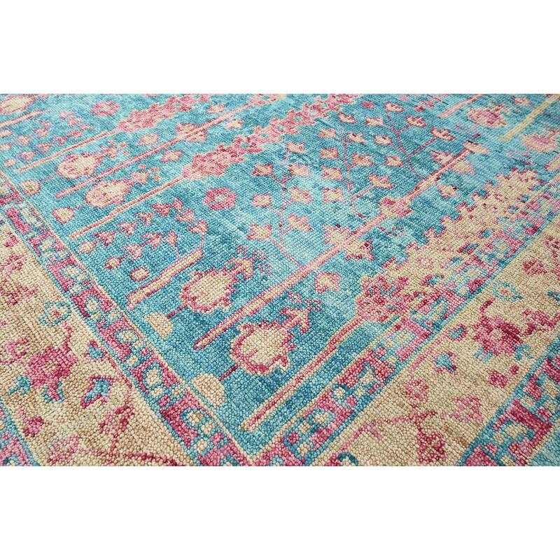 Hand Knotted Turkish Oushak Turquoise Arts & Crafts Wool Area Rug