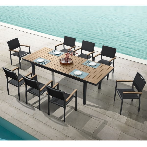 slide 2 of 12, Carlo 9 Pieces Imitated Wood Plastic Outdoor Dining set for 8 Person, Extendable Table and Stackable Chair Table and 8 Chairs