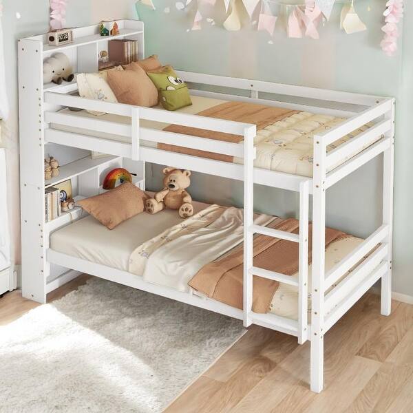 slide 2 of 20, Twin Over Twin Bunk Bed with Shelves Headboard, Safety Guardrails and Ladder,Detachable Beds White