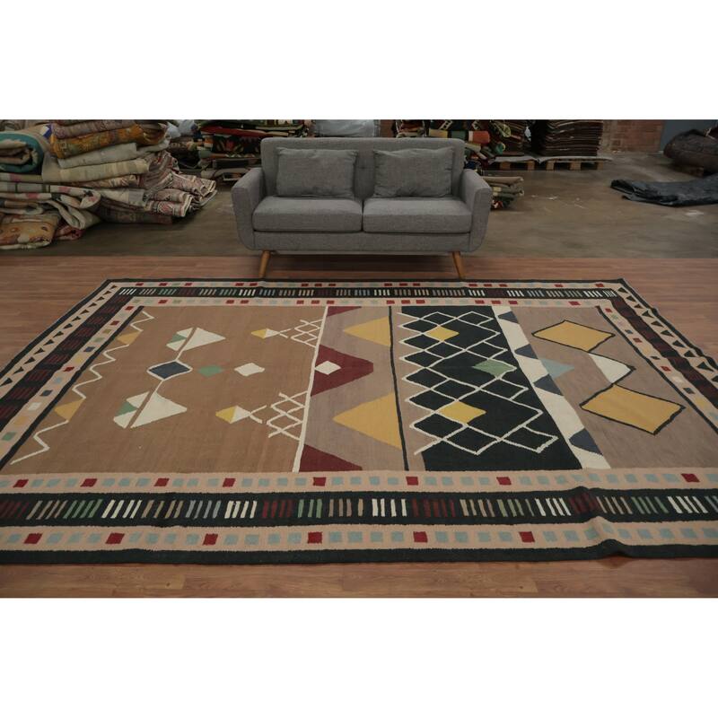 Hand Woven Oriental 100% Wool Carpet Southwestern Tribal Brown Kilim Area Rug - 11' 4'' X 8' 5''