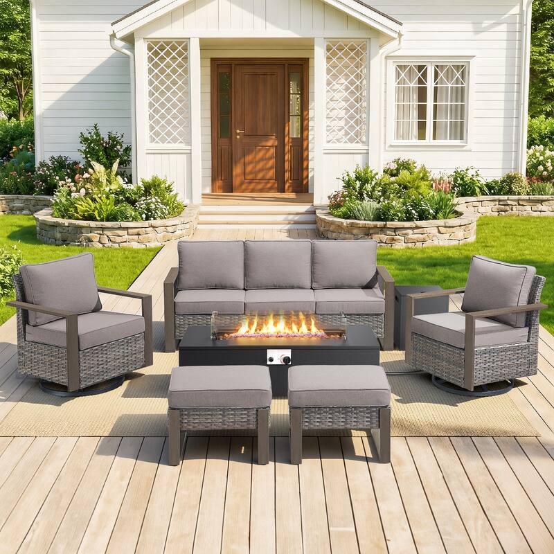 Pocassy Outdoor Sofa Swivel Chair Ottoman w/ 43" Fire Pit Set - Gray Wicker Gray Cushion - 6PCS Fire Table w/ 4-In Sofa Swivel Chair Ottoman