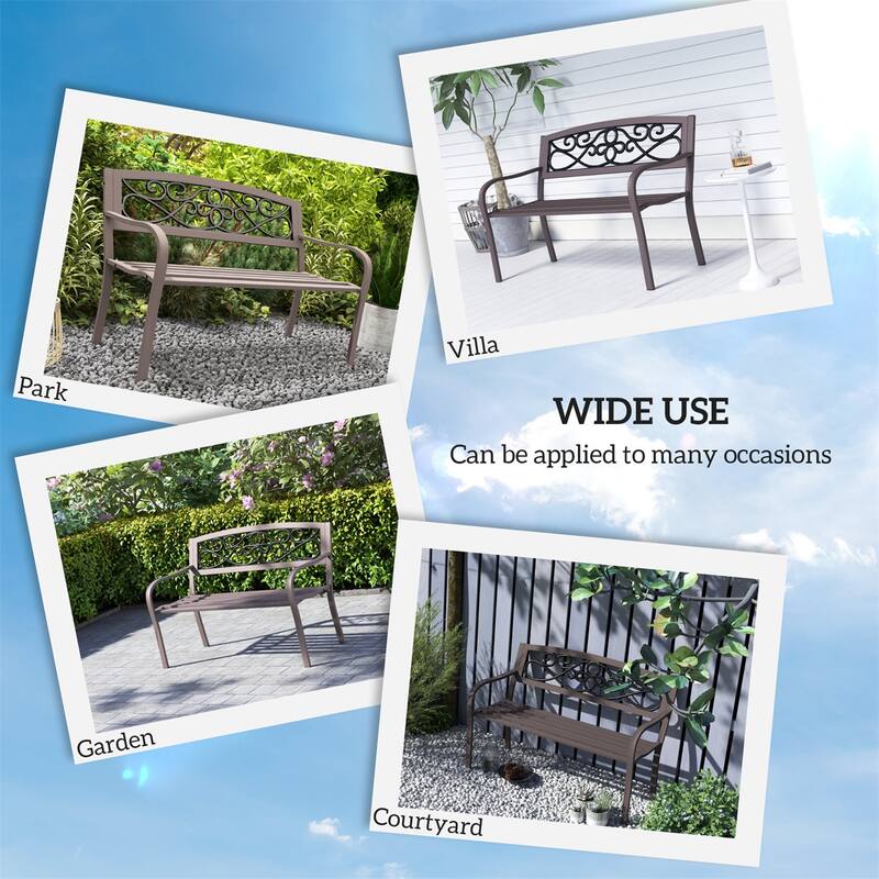 Two Curved Seats Outdoor Garden Bench with Floral Backrest and Steel Frame Armrests - 50" W x 24.4" D x 33.9" H