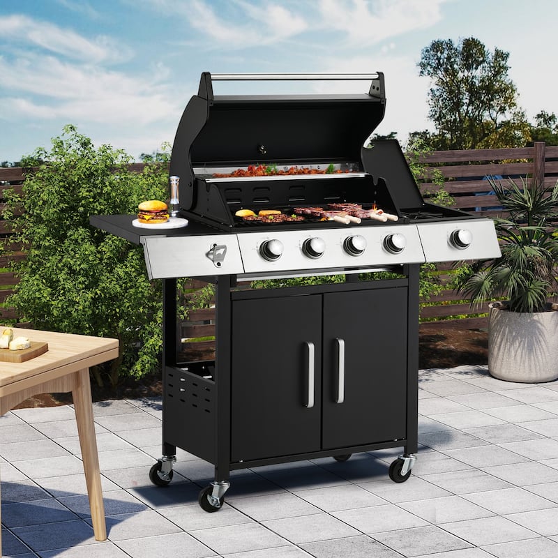 Outdoor Propane Gas Grill with Side Burner, Cast Iron Grates, Storage Cabinet, Easy Clean for Backyard & Patio