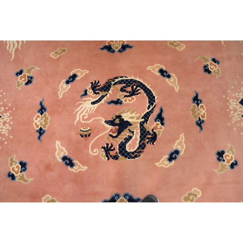 Hand Knotted Oriental 100% Wool Carpet Traditional Geometric Pink Art Deco Area Rug - 11' 1'' X 8' 0''