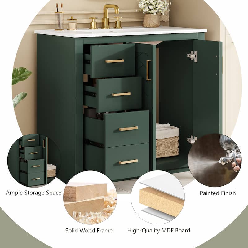 36" Bathroom Vanity with Ceramic Sink, Solid Wood & MDF Cabinet, 3 Drawers and 2 Soft-Close Doors, Freestanding Storage