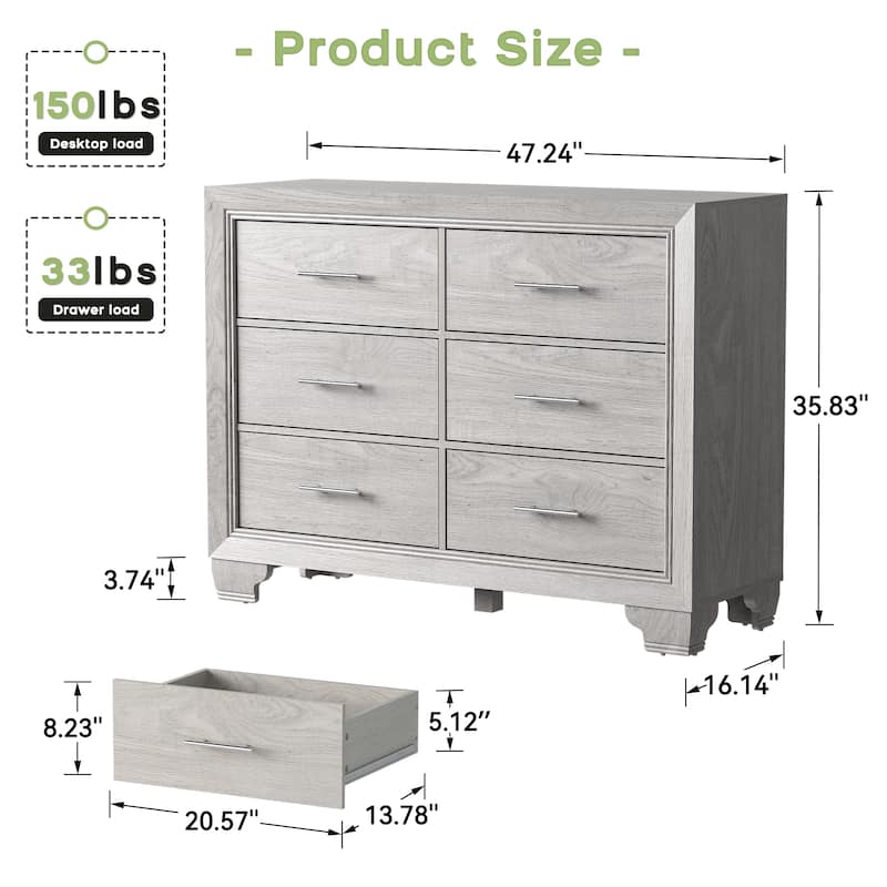 Wood Dresser for Bedroom, 6 Drawer Double Dresser with Metal Handles