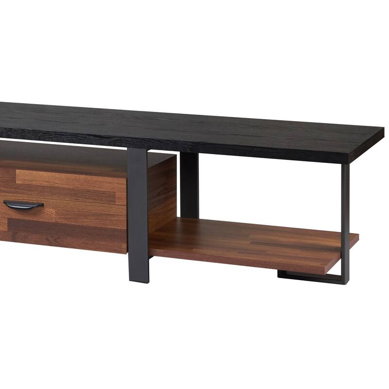 Modern Walnut and Black TV Stand, 67" TV Console with 2 Drawers and 1 Shelf for TVs up to 55"