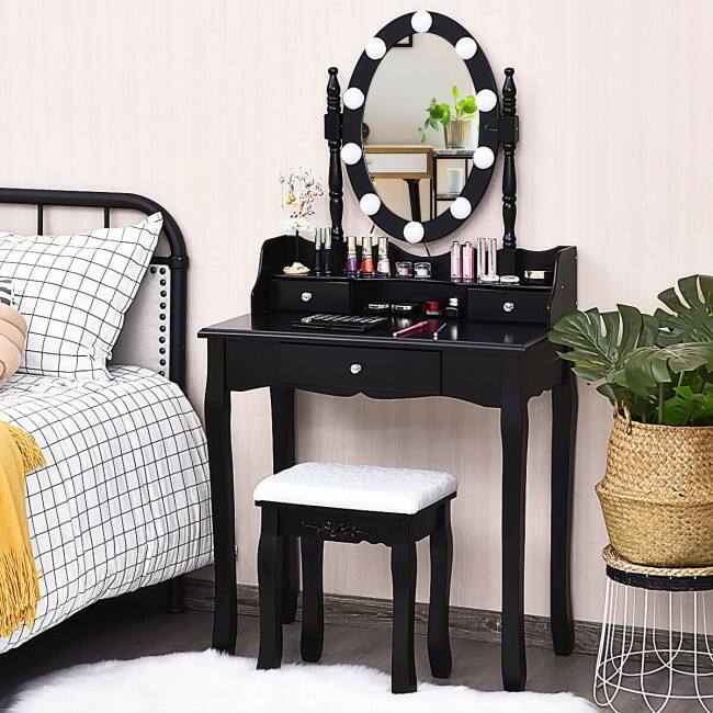 Oval Mirror Vanity Set with 10 LED Dimmable Bulbs and 3 Drawers - 29.5" x 16" x 56.5" (L x W x H)