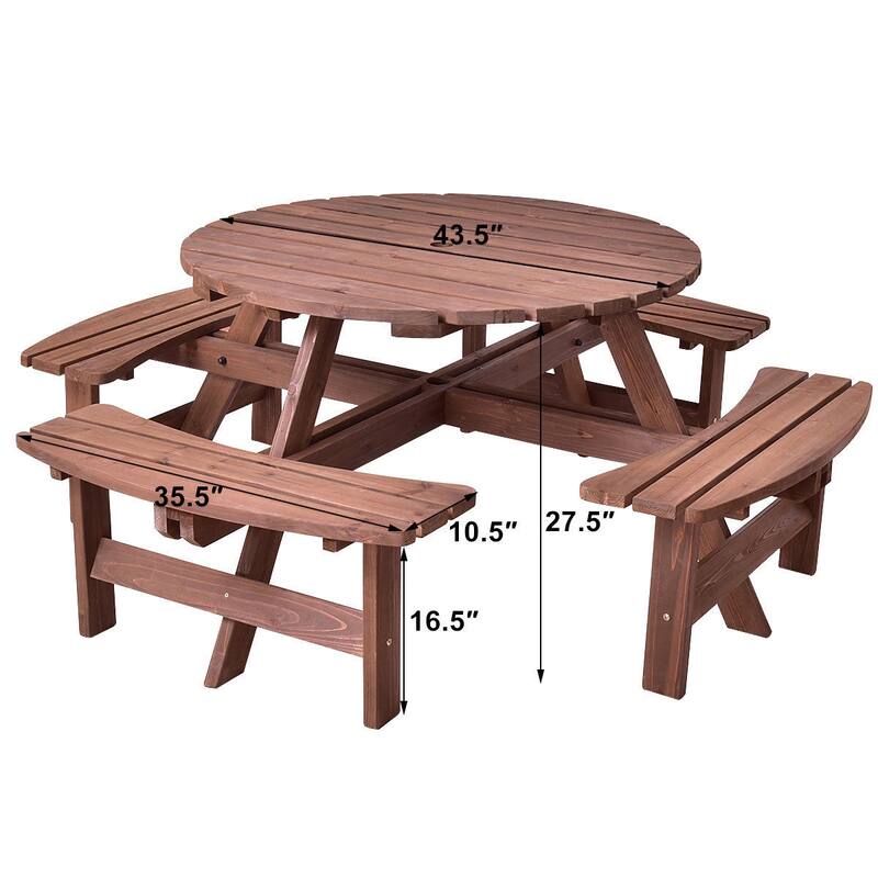 Costway Patio 8 Seat Wood PicnicTable Beer Dining Seat Bench Set Pub
