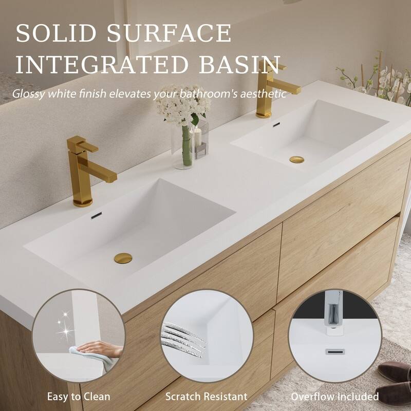 Abruzzo 72" Freestanding Vanity with Solid Surface Countertop & Dual Sinks 4 Soft-Close Drawers