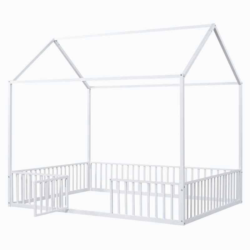 White Full Size Metal House Bed with Fence, Roof & Door