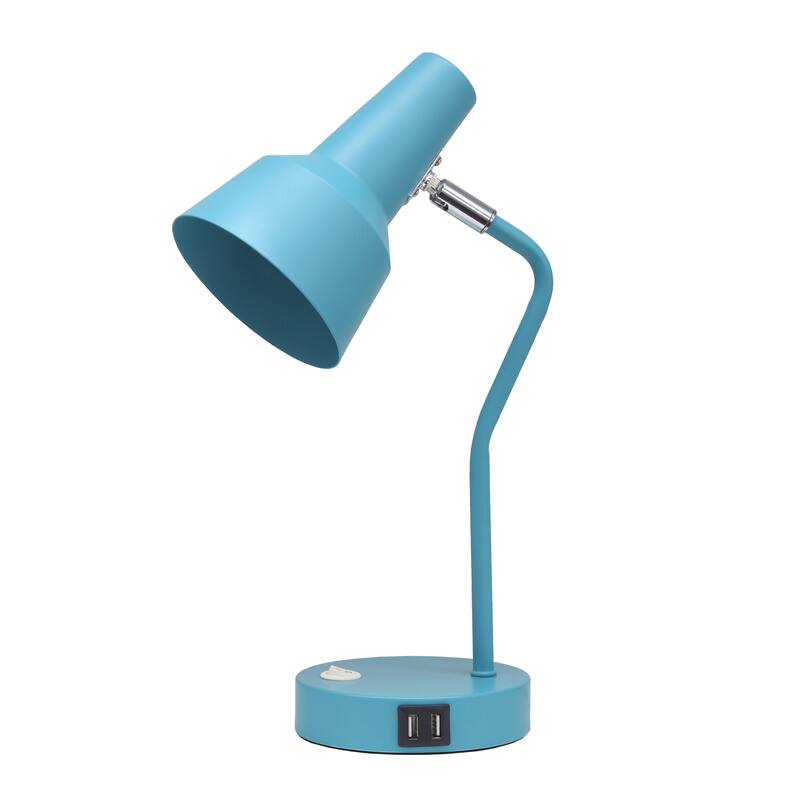 Modern Metal Gooseneck Desk Lamp with Dual USB Charging Ports Adjustable Arm Multiple Colors - 7.8" (L) x 5.2" (W) x 15.2" (H) - Cyan Blue