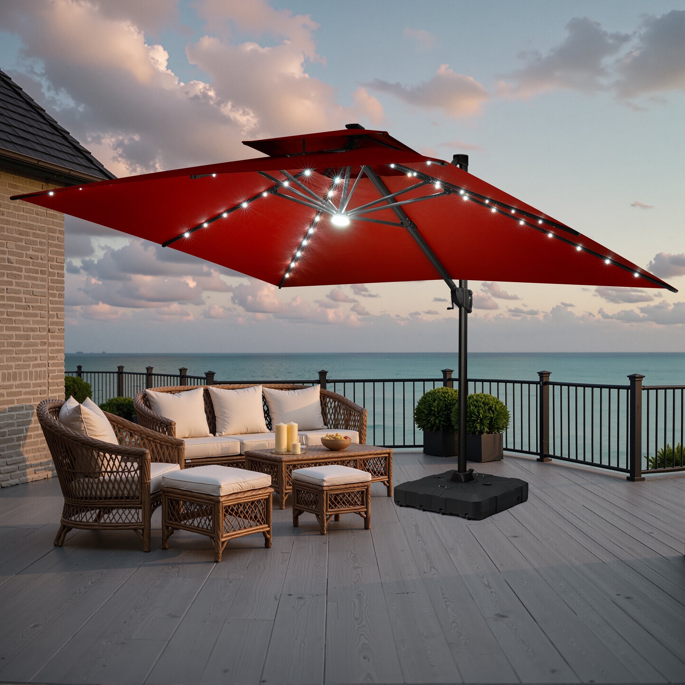 lowes patio umbrellas with solar lights GarveeLife 10 ft Offset Umbrella LED Lights, Hanging Cantilever Umbrella Outdoor Sun Shade with Easy Tilt Adjustment, 8 Ribs, UV Protection for Backyard, Lawn, Garden and Pool while a removable 38.98 drag rod allows even one person to reposition the umbrella with ease Extra 13 x 10 FT Outdoor