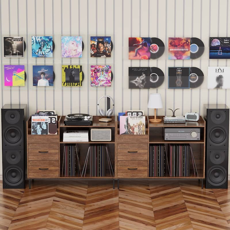 Record Player Stand with Power Outlet & Flip-Down Lid,Turntable Table with Storage,Media Console with 2 Drawers