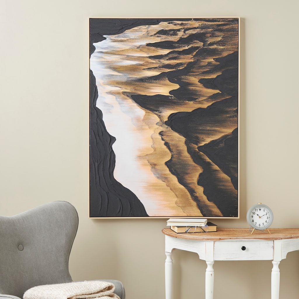 Black Canvas Ombre Textured Abstract Framed Wall Art with Brown and Cream Accents