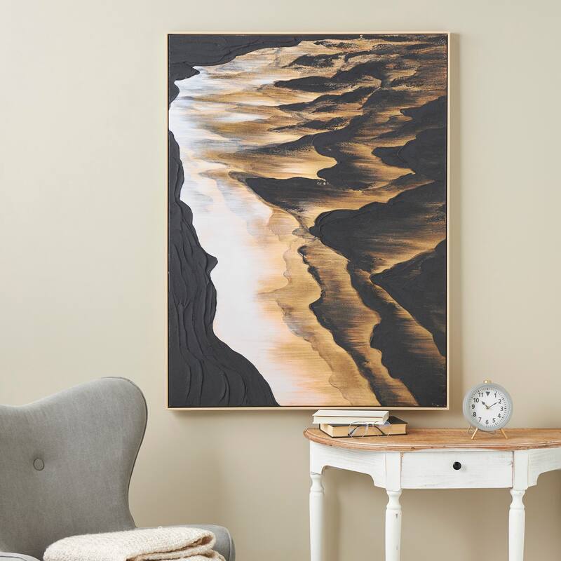 Black Canvas Ombre Textured Abstract Framed Wall Art with Brown and Cream Accents - 36"W, 47"H