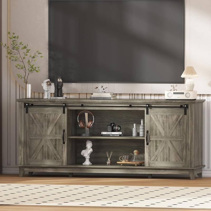 66" Farmhouse TV Stand, Entertainment Center with Adjustable Shelf - N/A - Grey