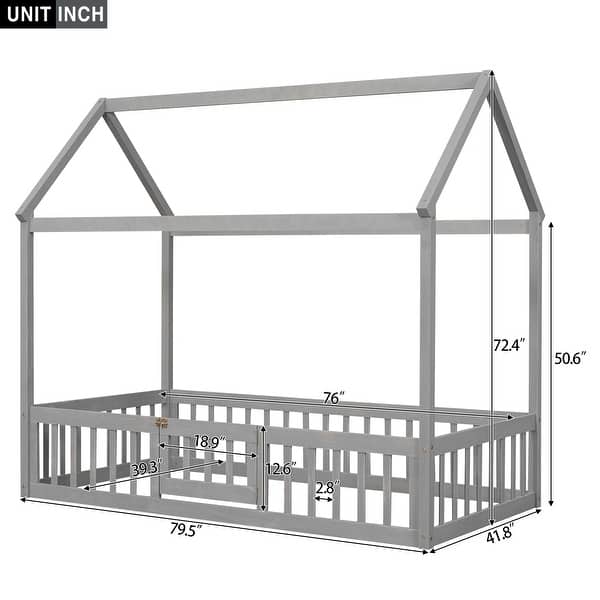 Gray Twin Size Pine Wood House Bed with Fence, Door, and Solid Construction