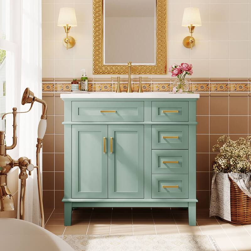 36 inch Solid Wood Bathroom Vanity with Ceramic Sink with Two Soft Close Doors and Four Drawers - 36'' - Green