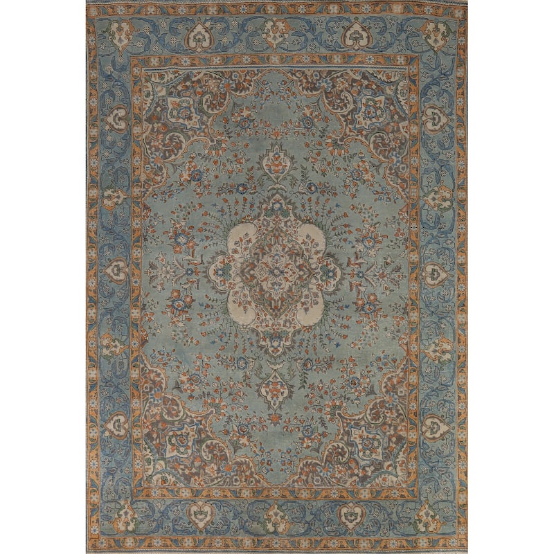 Light Blue Floral Tabriz Persian Rug Hand-Knotted Wool Carpet - 7'7"x 11'1"