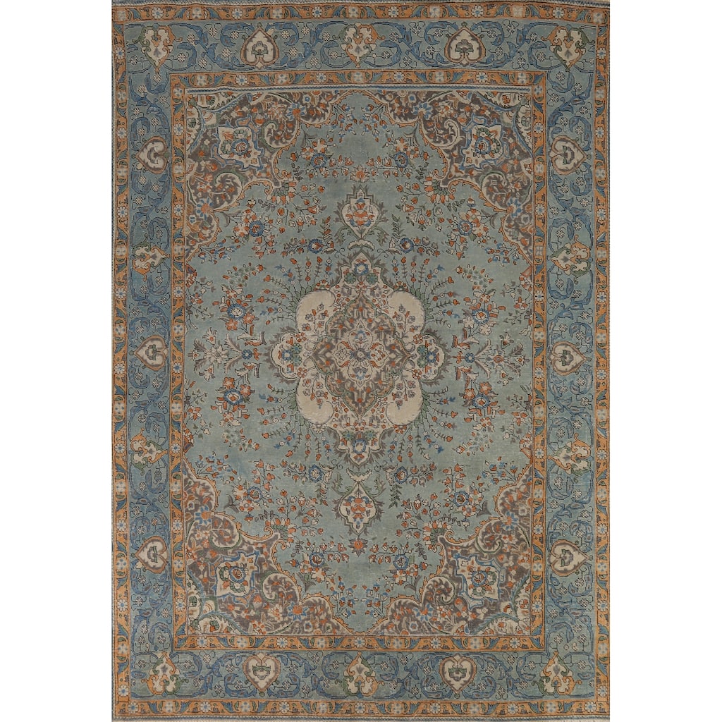 Light Blue Floral Tabriz Persian Rug Hand-Knotted Wool Carpet - 7'7"x 11'1"