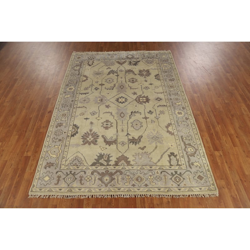 Earth Tone Oushak Indian Area Rug Hand-Knotted Beige Wool Carpet - 6'2" x 8'10"