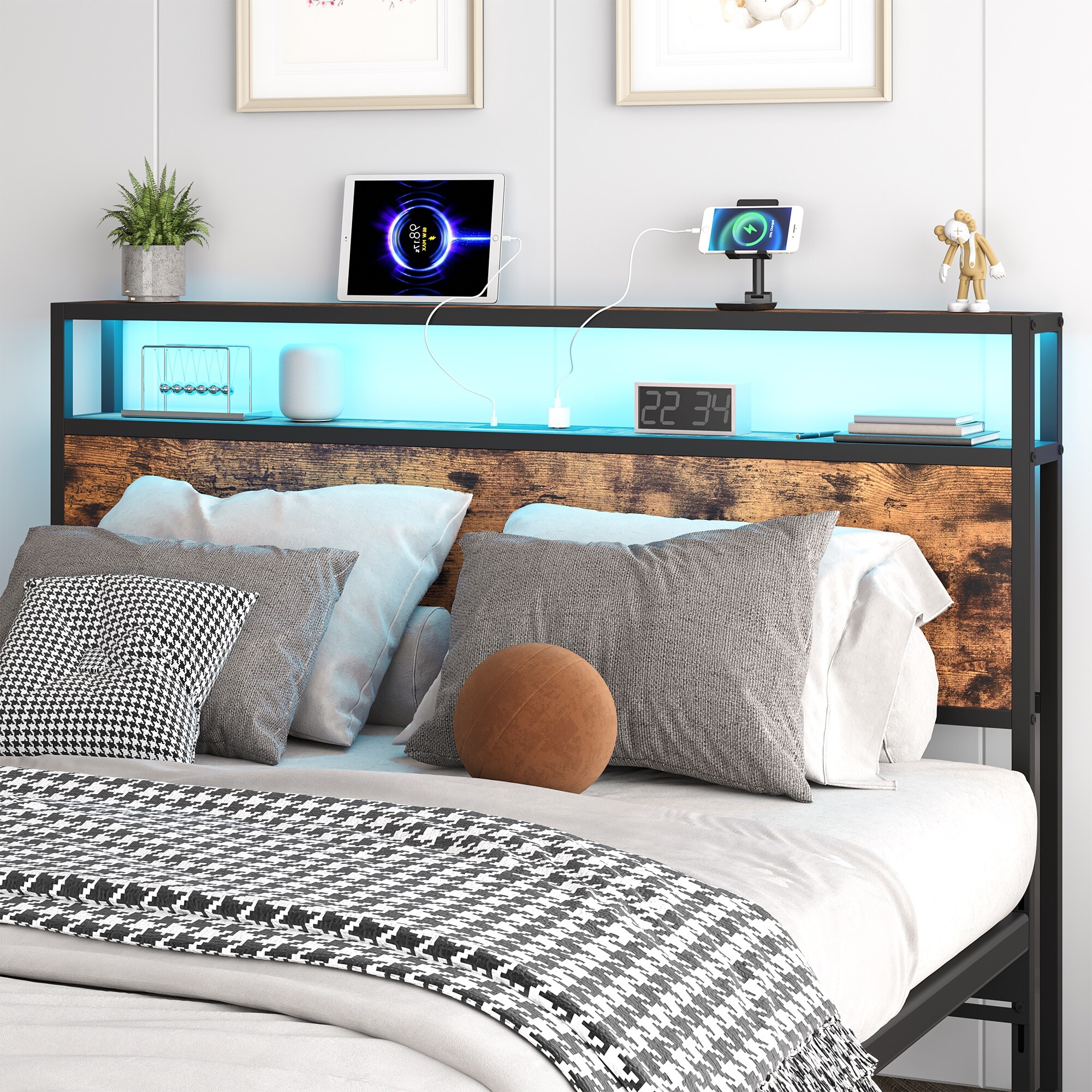 King Size Velvet Headboard With Storage Shelves - Includes 2 Outlets, 4 USB Ports & RGB LED Light, Soft Backrest, Black