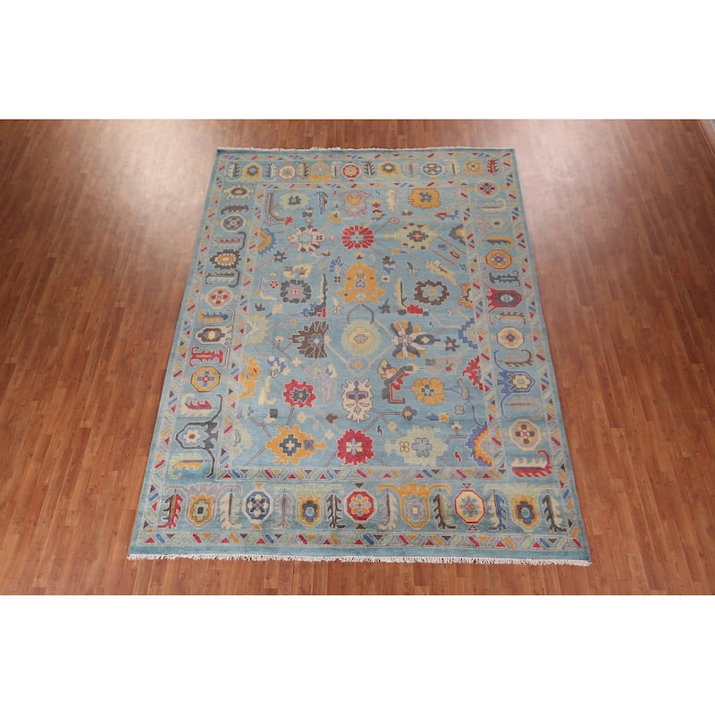 Light Blue Oushak Indian Area Rug Hand-Knotted Floral Wool Carpet - 8'11"x 11'11"