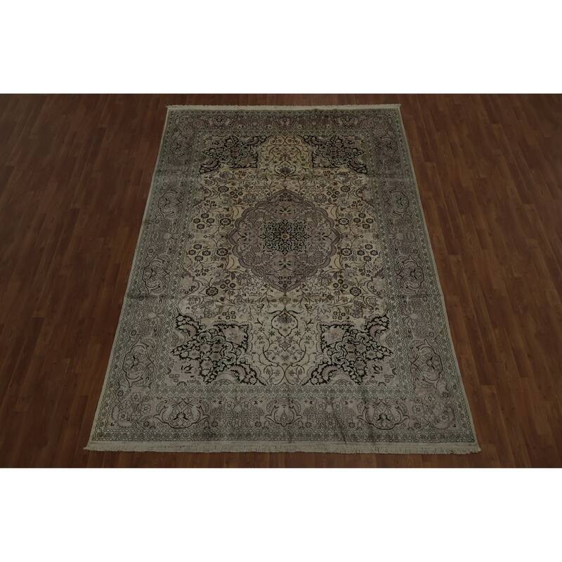 Hand Knotted Oriental Silk Carpet Traditional Floral Beige & Ivories Kashmir Area Rug - 10' 3'' X 7' 0''