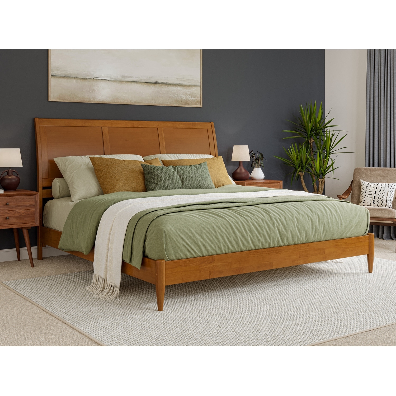 King Size Wood Platform Bed - Low Profile Sleigh Design with USB Ports - Modern Bedroom Furniture