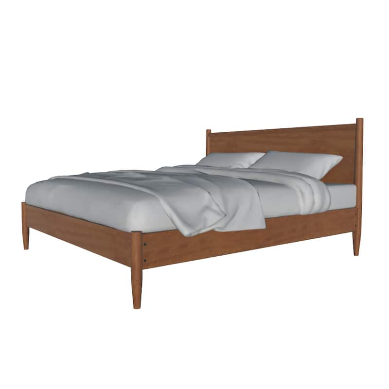Mid Century Modern Wood Queen Bed with Round Tapered Legs, Rustic Oak