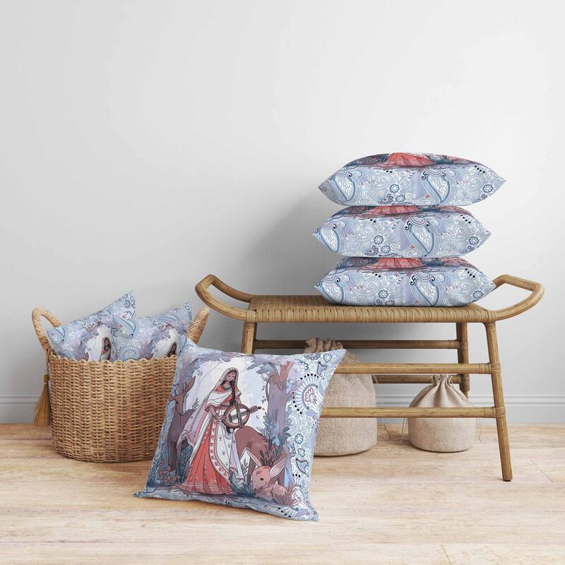 Forest Melodies Faux Suede Reversible Throw Pillow Blue and Red