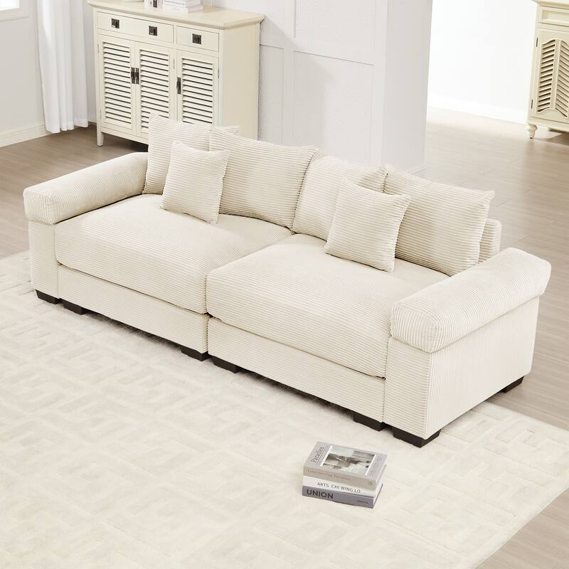 92" Oversized Corduroy Couch for Living Room, Upholstered Loveseat Sofa with Wide Armrests and Throw Pillows for Apartment - Beige