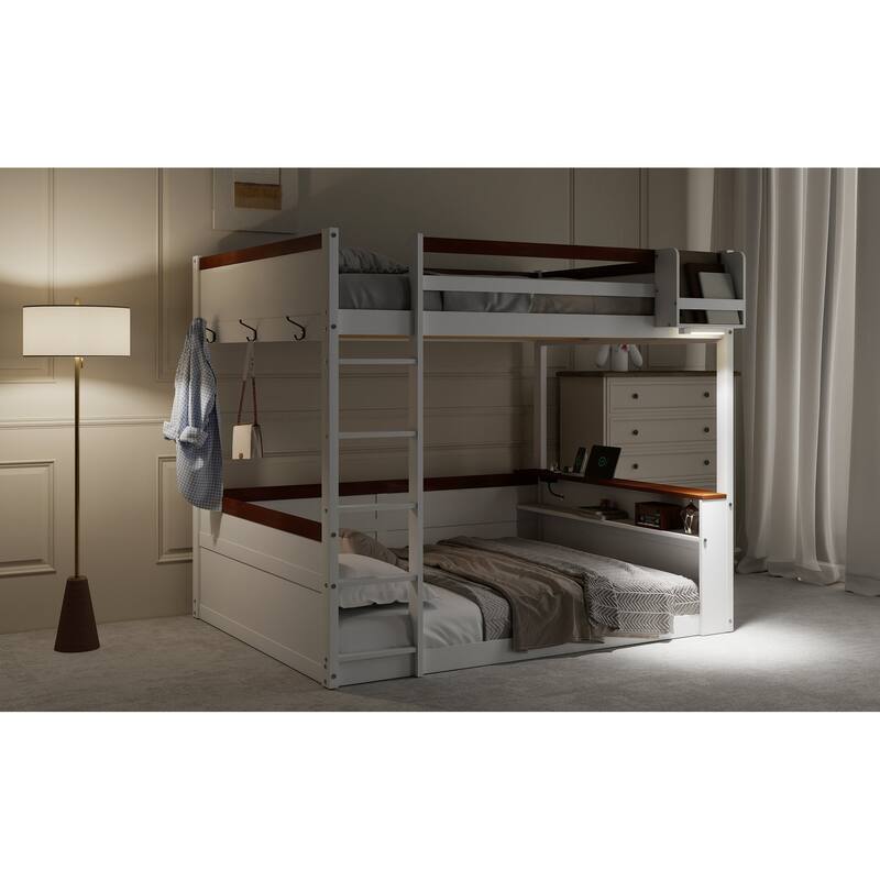 Queen Size Wooden Bunk Bed with Built-in Shelves, Storage Box, LED Light & USB Charging Station, Space-Saving Design