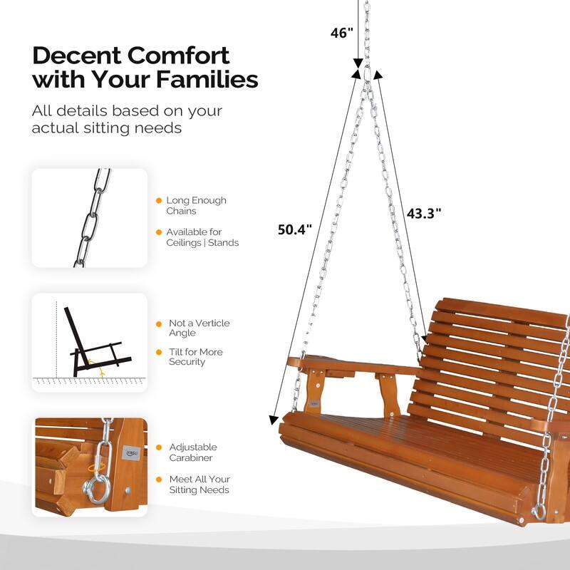 Brown Wood Porch Swing with Cup Holders and Phone Slot - N/A