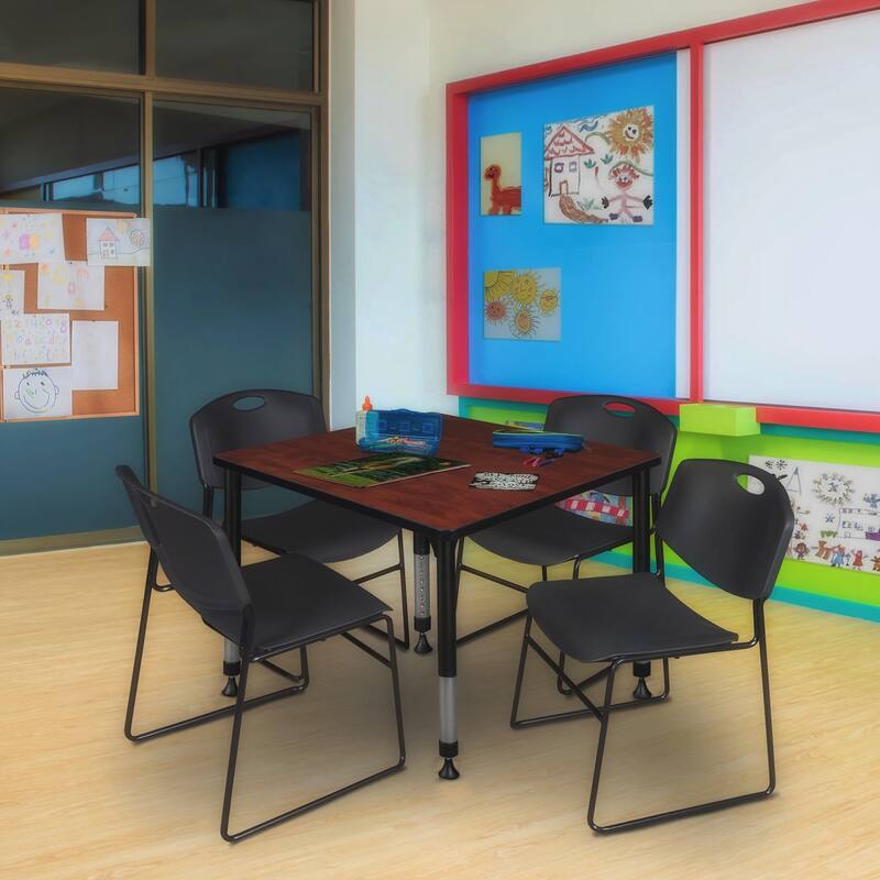 42 in. Square Height Adjustable Classroom Table - Cherry & 4 Stack Chairs- Black