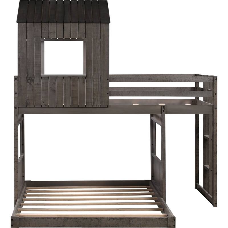 Merax Wooden Twin over Full Bunk Bed with Playhouse, Farmhouse, Ladder and Guardrails