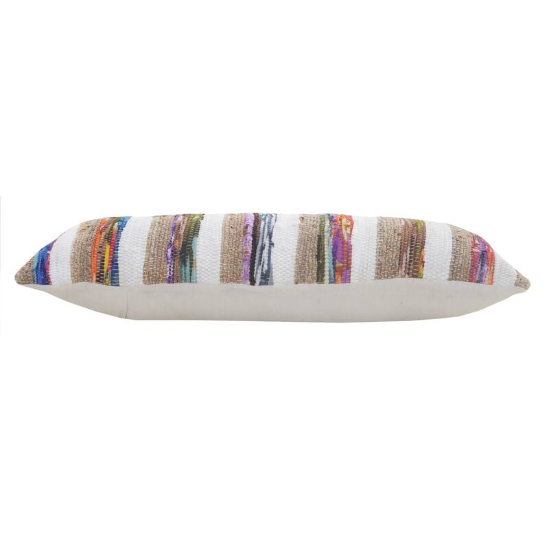 Sevita White and Multicolored Chindi with Natural Jute Striped Throw Pillow