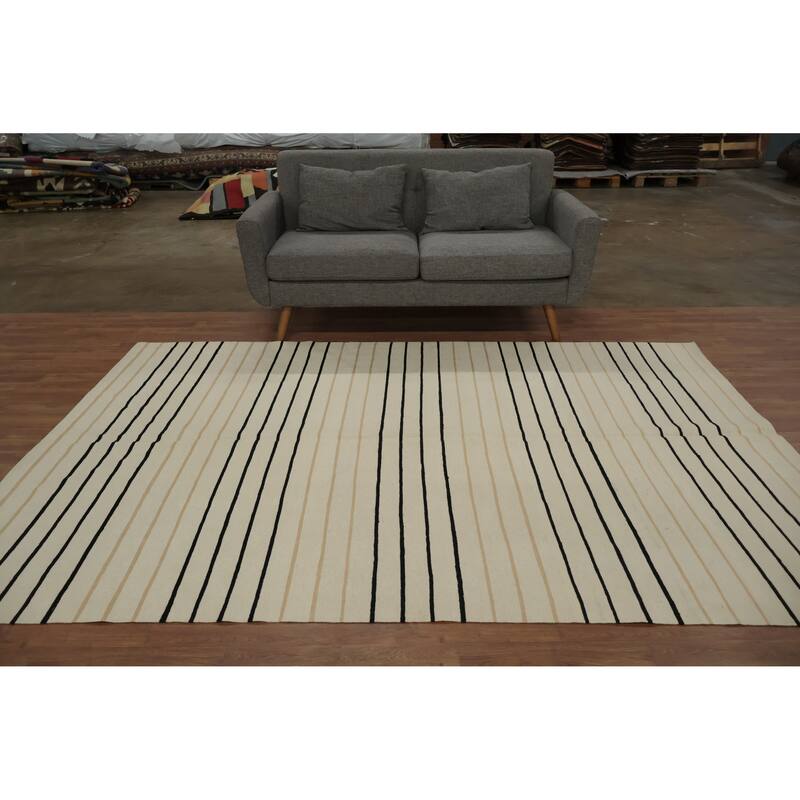 Hand Woven Oriental 100% Wool Carpet Southwestern Modern Beige & Ivories Kilim Area Rug - 8' 10'' X 6' 1''