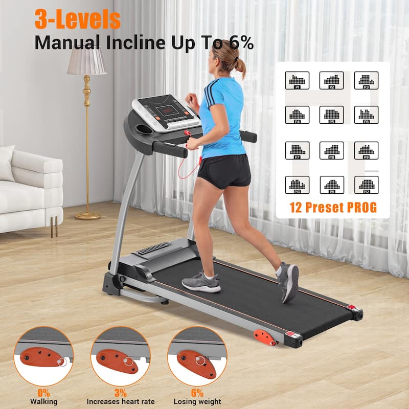 Fold Treadmill, 2.5HP Electric Running with Device Holder & Pulse Sensor, 3-Level Incline Adjustable Compact Foldable