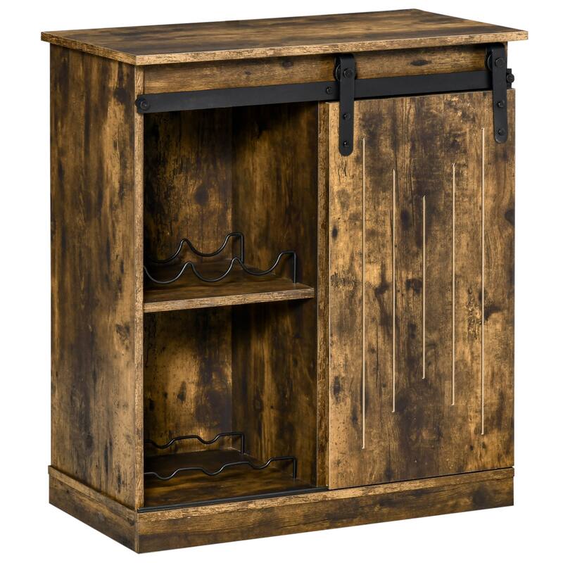 Industrial Wine Cabinet, Sideboard Storage Cabinet, Serving Bar Buffet with Sliding Barn Door and 6-Bottle Wine Rack, Brown