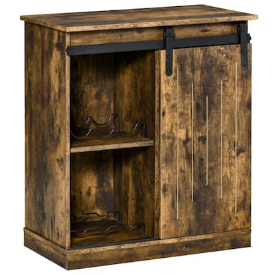 Industrial Wine Cabinet, Sideboard Storage Cabinet, Serving Bar Buffet with Sliding Barn Door and 6-Bottle Wine Rack, Brown