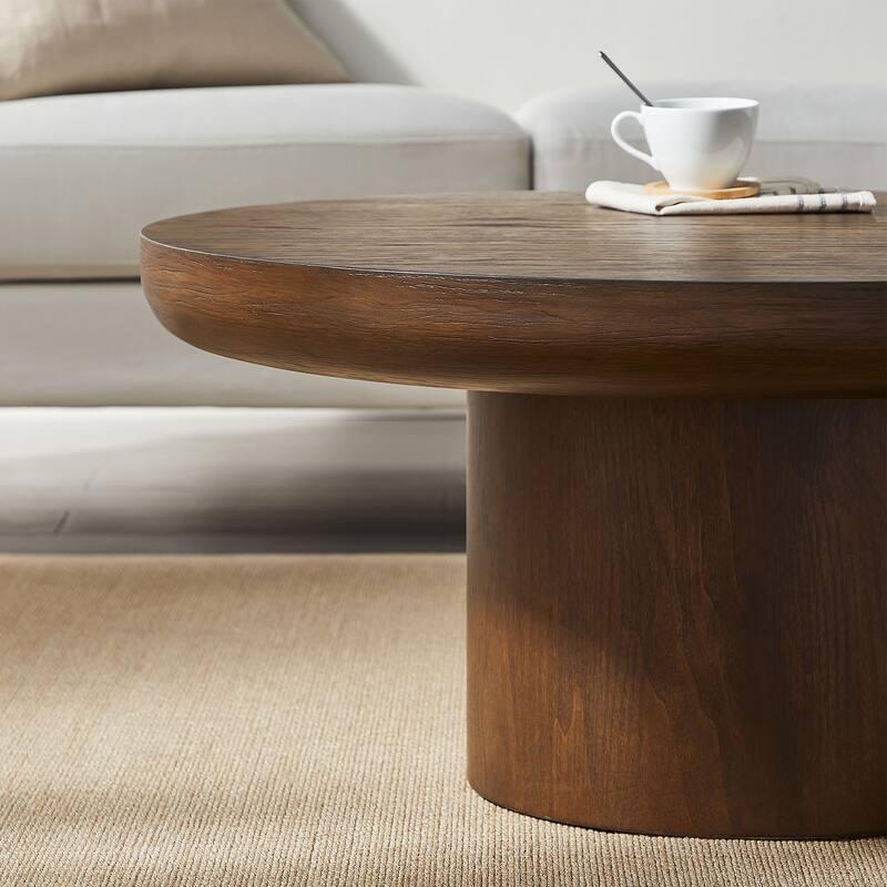 Rounded Sofa Side Table Round Coffee Table with Cylindrical Leg and Wood Veneer Tabletop Table for Living Room Office