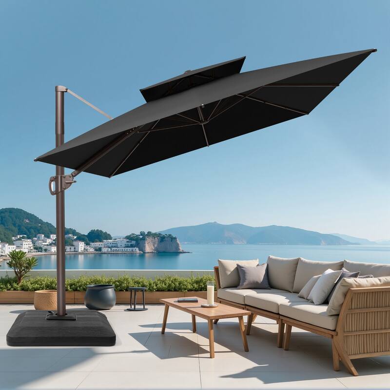9x12 FT Rectangular Outdoor Patio Double Top Cantilever Offset Umbrella with Weight Base