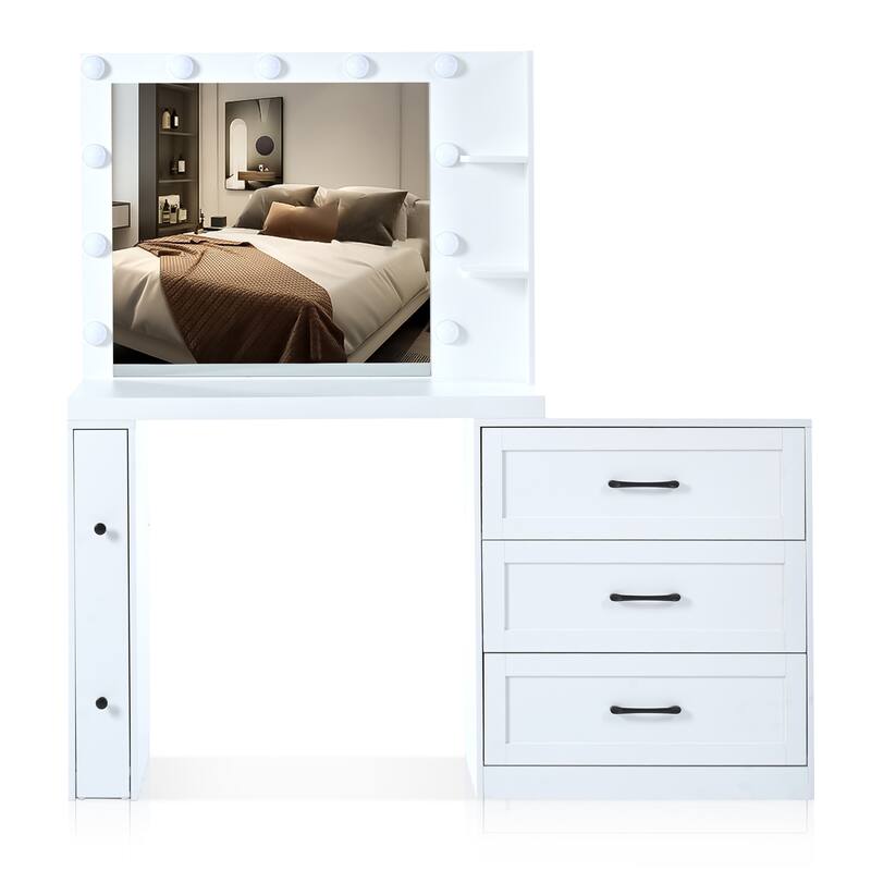 55.2" Vanity Desk with Freely Adjustable Side Cabinet, Makeup Vanity with Hollywood Lights, Bedroom Storage Dressing Table