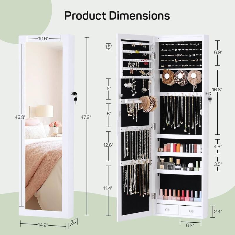 Jewelry Organizer Cabinet, 47.2-Inch Lockable Jewelry Armoire with Full-Length Mirror, Wall or Door-Mounted, Large Storage 6 LED