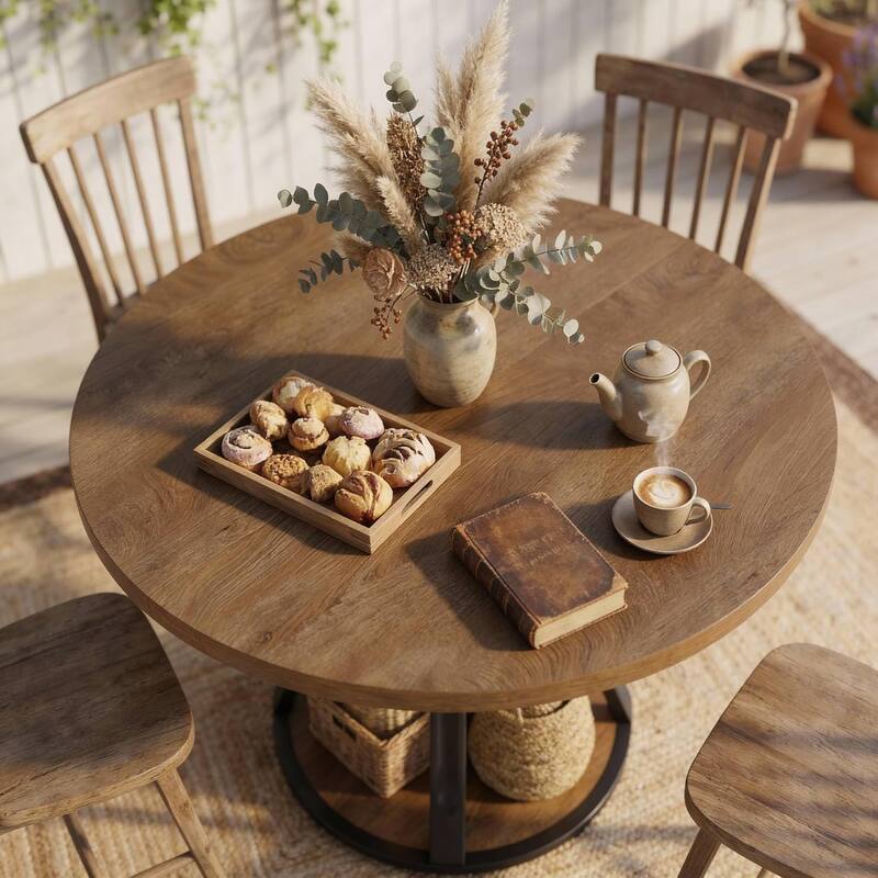 39.37 Inch Round Conference Table with 2-Tier Storage Shelf and Metal Base for 4 People - 39.37" D x 39.37" W x 29.53" H